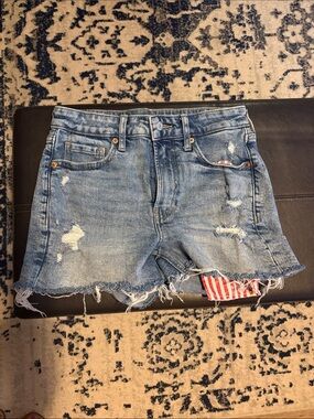 Old Navy Light Blue Distressed Denim Shorts with Red Stripe Patch